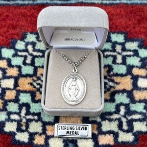 Sterling Silver Miraculous Mother Mary Religious Medal Necklace Heavy Chain